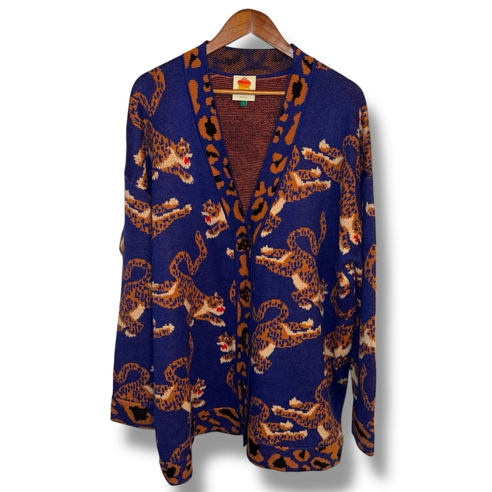 Farm Rio Navy Blue Leopards Knit Cardigan Women’s Sz L